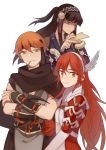  1boy 2girls arm_blade arm_guards armor black_hair blue_eyes breasts candy cloak crossed_arms fingerless_gloves fire_emblem fire_emblem:_kakusei food gaia_(fire_emblem) gloves green_eyes hair_between_eyes hairband headband kmkr lollipop long_hair looking_at_viewer multiple_girls orange_hair pouch red_eyes redhead robe sleeveless small_breasts smile syalla_(fire_emblem_if) cordelia_(fire_emblem) upper_body weapon white_background wing_hair_ornament 
