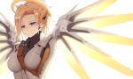  1girl absurdres blonde_hair blue_eyes blush bodysuit breasts closed_mouth hand_on_own_chest highres large_breasts looking_away mercy_(overwatch) overwatch rafael-m short_hair solo upper_body wings 
