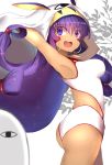  1girl absurdres armpits arms_up ass blush breasts dark_skin earrings fate/grand_order fate_(series) highres hoop_earrings jewelry large_breasts looking_at_viewer nitocris_(fate/grand_order) nitocris_(swimsuit_assassin)_(fate) purple_hair ranf smile solo violet_eyes 