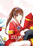  1girl 2017 artist_name blue_bow blush bow brown_eyes brown_hair character_request chinese_new_year cjyoung copyright_request eyebrows_visible_through_hair fireworks hairband highres long_hair looking_at_viewer parted_lips sitting smile solo thigh-highs twintails white_legwear 