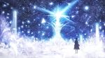  1girl blue boots commentary_request dress fantasy from_behind magic night night_sky original pillar sakimori_(hououbds) scenery sky solo standing star_(sky) starry_sky 