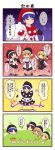  4girls 4koma :3 alternate_color black_hair black_wings blonde_hair blue_eyes blue_hair braid brown_eyes closed_eyes comic commentary_request disembodied_head doremy_sweet frilled_skirt frills gradient gradient_background green_background green_eyes highres kirisame_marisa multiple_girls no_nose outstretched_arms purple_background red_background rumia shameimaru_aya short_hair single_braid skirt tail touhou translation_request utakata_(azaka00) wings yellow_background yellow_eyes 