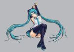  1girl absurdly_long_hair absurdres armpits arms_behind_head arms_up ass black_legwear blue_eyes blue_hair blue_nails blue_necktie blush breasts closed_mouth eyebrows_visible_through_hair hatsune_miku highres long_hair looking_at_viewer lying medium_breasts miuka nail_polish necktie on_back panties smile solo thigh-highs thighs twintails underwear very_long_hair vocaloid white_panties 
