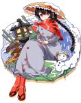  1girl ajirogasa bamboo black_hair braid buttons clothes_writing dress earlobes grey_dress hands_on_lap hat he2kin lantern long_hair mushroom red_eyes red_legwear sandals sitting smile snow snowman solo stone_lantern touhou translation_request yatadera_narumi 