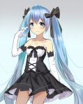  1girl absurdres ahoge blue_eyes blue_hair cowboy_shot dress elbow_gloves gloves hair_ribbon hatsune_miku highres jewelry long_hair nagisa_(pixiv17634981) necklace ribbon smile solo twintails very_long_hair vocaloid white_gloves 