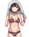  1girl bang_dream! black_hair choker cowboy_shot eyebrows_visible_through_hair food kukkumann looking_at_viewer mitake_ran multicolored_hair red_eyes short_hair simple_background solo standing swimsuit towel towel_on_head two-tone_hair wet wet_hair 