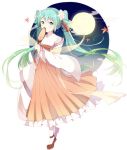  1girl absurdres chuushuu_meigetsu_miku fan flower full_moon green_eyes green_hair hair_flower hair_ornament hatsune_miku highres japanese_clothes leaf long_hair maple_(57675110) moon paper_fan solo twintails uchiwa very_long_hair vocaloid white_background 