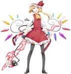  1girl adapted_costume blonde_hair crystal fingerless_gloves flandre_scarlet gloves hat laevatein long_hair looking_at_viewer mob_cap neckerchief open_mouth red_eyes sakuraba_yuuki side_ponytail skirt slit_pupils solo thigh-highs touhou vest weapon white_background wings zettai_ryouiki 