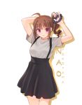  10s 1girl absurdres adjusting_hair ahoge blush breasts brown_hair character_name closed_mouth drill_hair eyebrows_visible_through_hair highres idolmaster idolmaster_million_live! kamille_(vcx68) looking_at_viewer medium_breasts scrunchie solo violet_eyes yokoyama_nao 