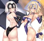  2girls arched_back argyle_cutout ass bangs bare_shoulders blonde_hair blue_bow blue_eyes blue_leotard blush bow braid breasts chains character_name cleavage cleavage_cutout closed_mouth collar commentary_request detached_sleeves fate/apocrypha fate/grand_order fate_(series) hair_bow hand_up headpiece hips jeanne_alter large_breasts leotard long_braid long_hair looking_at_viewer looking_to_the_side metal_collar multiple_girls parasol racequeen ruler_(fate/apocrypha) short_hair silver_hair simple_background single_braid smile thighs umbrella untsue very_long_hair waist waving white_background yellow_eyes 