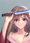  1girl breasts brown_hair cleavage closed_mouth collarbone highres holding holding_knife holding_weapon knife long_hair looking_away looking_up medium_breasts miuka mole mole_under_eye nail_polish original red_eyes red_nails sketch solo upper_body weapon 