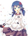  1girl :d artist_name bag black_ribbon blue_eyes blue_hair blush bow breasts brown_skirt cowboy_shot dated eyebrows_visible_through_hair flower frilled_shirt frilled_skirt frills hair_between_eyes hair_flower hair_ornament hair_ribbon handbag holding_bag long_hair long_sleeves low_twintails medium_breasts mony open_mouth original petals red_bow ribbon shirt skirt sleeves_past_wrists smile solo twintails white_background white_shirt wide_sleeves 
