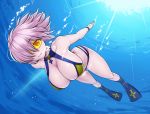  1girl arm_at_side asamura_hiori beach bikini blush breasts cleavage closed_mouth day eyebrows_visible_through_hair fate/grand_order fate_(series) front-tie_bikini front-tie_top full_body hair_over_one_eye highres large_breasts medium_hair midriff navel purple_hair shielder_(fate/grand_order) side-tie_bikini smile solo stomach submerged swimsuit underwater violet_eyes 
