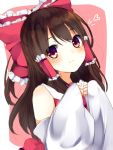  1girl bangs blush bow brown_hair closed_mouth detached_sleeves eyebrows_visible_through_hair hair_bow hair_tubes hakurei_reimu heart highres karasusou_nano long_hair long_sleeves looking_at_viewer multicolored multicolored_background multicolored_eyes red_bow sidelocks solo touhou two-tone_background upper_body 