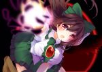  1girl bangs black_legwear blush bow breasts brown_eyes brown_hair control_rod foreshortening green_skirt hair_bow highres karasusou_nano large_breasts long_hair looking_at_viewer open_mouth red_bow reiuji_utsuho skirt solo thigh-highs third_eye touhou zettai_ryouiki 