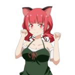  1girl :3 adapted_costume animal_ears apron bangs blunt_bangs blush breasts cat_ears cato_(monocatienus) cleavage extra_ears kaenbyou_rin long_hair medium_breasts off-shoulder_shirt paw_pose red_eyes redhead shirt short_hair smile solo touhou upper_body wavy_hair 