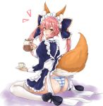  1girl alternate_costume animal_ears apron ass blush braid brde breasts coffee coffee_cup dress enmaided fang fate/extra fate_(series) fox_ears fox_tail hair_ribbon highres large_breasts looking_at_viewer looking_back maid maid_apron maid_headdress open_mouth panties pantyshot pink_hair ribbon seiza simple_background sitting solo striped striped_panties tail tamamo_(fate)_(all) tamamo_no_mae_(fate) thigh-highs underwear waist_apron white_background white_legwear wrist_cuffs yellow_eyes 