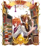  2boys ahoge ascot book book_stack bookmark bookshelf brown_eyes brown_hair brown_pants brown_vest candle clock glasses glasses_removed holding holding_book male_focus mouth_hold multiple_boys necktie orange_hair pants purple_vest red_eyes rrose scroll standing vest wax_seal 