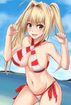  1girl :d ahoge bikini blonde_hair breasts cowboy_shot day fate/extella fate/extra fate/grand_order fate_(series) green_eyes hair_between_eyes hair_intakes halterneck highres large_breasts long_hair looking_at_viewer navel nero_claudius_(fate)_(all) nero_claudius_(swimsuit_caster)_(fate) niiru_heiyaku_de_jutaichuu open_mouth outdoors parted_lips saber_extra side-tie_bikini smile solo striped striped_bikini swimsuit thumb_up twintails type-moon 