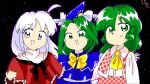  3girls :d bow closed_mouth commentary_request eyebrows_visible_through_hair eyes_visible_through_hair green_eyes green_hair hair_between_eyes hair_ornament kazami_yuuka kazami_yuuka_(pc-98) long_hair long_sleeves looking_at_viewer mima multiple_girls night night_sky oota_jun&#039;ya_(style) open_eyes open_mouth ribumin shinki simple_background sky smile standing touhou touhou_(pc-98) upper_body white_bow white_eyes white_hair 