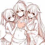  3girls :d anceril_sacred bikini braid ciel_sacred cowboy_shot hair_flaps hair_ornament heart long_hair looking_at_viewer mishima_kurone monochrome multiple_girls navel open_mouth side-tie_bikini side_braid skirt smile swimsuit tagme tierra_azur twitter_username two_side_up 