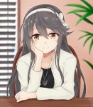  10s 1girl anchor arm_support black_hair blurry casual depth_of_field gensoukitan hair_ornament hairband hairclip haruna_(kantai_collection) indoors jewelry kantai_collection long_hair necklace ring solo table wedding_band 