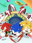  3boys absurdres black_eyes highres jewelry knuckles_the_echidna male_focus multiple_boys no_humans posojo123 ribbon ring running sonic sonic_mania sonic_the_hedgehog tails_(sonic) 