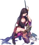  1girl ;( artist_request bangs black_gloves black_hair breasts broken_spear cleavage full_body gloves grey_eyes hair_ornament holding holding_spear holding_weapon iyo_matsuyama_(oshiro_project) kneeling large_breasts long_hair official_art oshiro_project oshiro_project_re parted_bangs polearm spear torn_clothes transparent_background very_long_hair weapon 