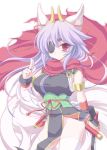  1girl :/ animal_ears armlet artist_request bangs blush breasts closed_mouth cowboy_shot eyepatch fox_ears fox_tail highres holding holding_sword holding_weapon horns katana kuon_(shinrabanshou) kyuubi large_breasts long_hair looking_at_viewer multiple_tails no_panties pelvic_curtain purple_hair red_eyes red_scarf sash scarf shinrabanshou solo swept_bangs sword tail thigh-highs weapon white_legwear 