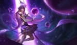  1girl boots elbow_gloves energy_ball facial_mark forehead_protector gloves league_of_legends long_hair looking_at_viewer looking_to_the_side official_art purple_hair skirt solo star star_guardian_syndra syndra thighlet violet_eyes 