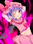  1girl ;o arms_behind_head arms_up ascot bangs bat_wings blush bow commentary_request cowboy_shot eyebrows_visible_through_hair fang hat hat_bow highres karasusou_nano looking_at_viewer midriff mob_cap navel one_eye_closed open_mouth pink_hat pink_skirt purple_hair red_bow red_eyes remilia_scarlet short_sleeves skirt solo stomach touhou wings 