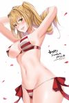  1girl adjusting_hair armpits arms_behind_head bikini blonde_hair blush breasts dated fate/extra fate/grand_order fate_(series) green_eyes hair_between_eyes hair_intakes halterneck large_breasts long_hair looking_at_viewer navel nero_claudius_(swimsuit_caster)_(fate) nose_blush open_mouth petals saber_extra side-tie_bikini smile solo striped striped_bikini swimsuit twintails yanochi 