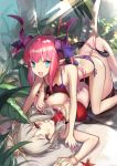  2girls :d all_fours ass beach bikini blue_eyes blush bracelet breasts butt_crack caster_(fate/extra_ccc) closed_mouth fate/extra fate/extra_ccc fate/grand_order fate_(series) girl_on_top grey_hair highres horns jewelry kamisa lancer_(fate/extra_ccc) large_breasts light_rays long_hair looking_at_viewer lying medium_breasts multiple_girls nature on_back open_mouth outdoors pink_hair plant pointy_ears polka_dot polka_dot_bikini purple_bikini red_bikini side-tie_bikini smile sunbeam sunlight swimsuit tail yellow_eyes 