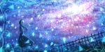  1girl blue commentary_request dress grass long_dress long_hair long_sleeves original railing sakimori_(hououbds) scenery sky solo standing star_(sky) starry_sky 