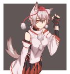  1girl animal_ears ao_homura bare_shoulders bell bell_collar belt breasts collar detached_sleeves hat inubashiri_momiji medium_breasts pom_pom_(clothes) red_eyes ribbon-trimmed_sleeves ribbon_trim shirt short_hair silver_hair sleeveless sleeveless_shirt solo tail tokin_hat touhou white_shirt wolf_ears wolf_tail 