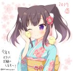  &gt;_&lt; 1girl 2017 ;) animal animal_ears animal_on_shoulder artist_name bangs bird bird_on_shoulder blue_kimono blush brown_hair cat_ears chick commentary_request eyebrows_visible_through_hair floral_print hair_ornament holding holding_animal japanese_clothes kaiware-san kimono long_sleeves nengajou new_year obi one_eye_closed original print_kimono sash short_twintails smile solo translated twintails upper_body violet_eyes white_background wide_sleeves 