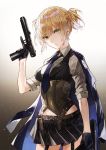  1girl belt black_gloves blonde_hair breasts girls_frontline gloves green_eyes gun holding holding_gun holding_weapon jacket_on_shoulders kim_eb looking_at_viewer necktie pleated_skirt skirt solo vest weapon 