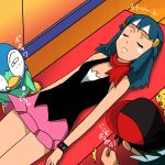  1boy 1girl black_hair blue_hair hair_ornament hikari_(pokemon) kakkii pikachu piplup pokemon pokemon_(anime) rag satoshi_(pokemon) skirt skirt_lift sleeping tagme unconscious 
