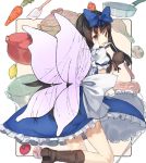  1girl bei_mochi black_hair blue_bow blue_dress boots bow brown_boots carrot commentary_request dress fairy_wings food fruit frying_pan hair_bow holding ladle lemon long_hair looking_at_viewer meat mittens pot puffy_short_sleeves puffy_sleeves short_sleeves smile solo star_sapphire tomato touhou wings 