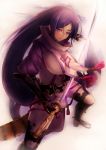  1girl armor blush bodysuit breasts fate/grand_order fate_(series) fighting_stance fingerless_gloves gloves holding holding_sword holding_weapon japanese_armor katana large_breasts long_hair looking_at_viewer low-tied_long_hair minamoto_no_raikou_(fate/grand_order) purple_bodysuit purple_hair smile solo sword very_long_hair violet_eyes weapon yude 