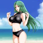  1girl beach blush breasts day green_eyes green_hair highres kid_icarus kid_icarus_uprising large_breasts long_hair navel open_mouth palutena sky solo swimsuit tamamon very_long_hair water 