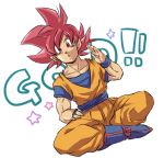  1boy :o boots dougi dragon_ball dragon_ball_z_kami_to_kami dragonball_z flying legs_crossed looking_at_viewer male_focus open_mouth red_eyes redhead salute short_hair simple_background son_gokuu spiky_hair star super_saiyan_god text tkgsize white_background wristband 