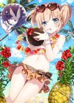  1girl blonde_hair blue_eyes blush bracelet drinking_straw emia_(castilla) eyebrows_visible_through_hair gothic_wa_mahou_otome heart_sunglasses highres holding holding_umbrella jewelry looking_at_viewer parasol parted_lips rabbit short_hair short_twintails solo sunglasses sunglasses_on_head twintails umbrella 