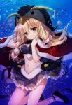  1girl animal_hat arm_up bangs bare_arms bikini_top black_hat black_shoes blonde_hair bubble cape closed_mouth commentary_request emia_(castilla) eyebrows_visible_through_hair fish frilled_skirt frills fur-trimmed_cape fur_trim gothic_wa_mahou_otome green_eyes hair_between_eyes hand_up hat long_hair looking_at_viewer miniskirt navel penguin_hat pom_pom_(clothes) purple_bikini_top purple_skirt red_cape shiny shiny_hair shoes sidelocks skirt smile socks solo stomach underwater white_legwear 