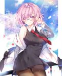  1girl black_legwear blush breasts closed_mouth eyebrows_visible_through_hair fate/grand_order fate_(series) glasses large_breasts looking_at_viewer necktie pantyhose pingo purple_hair red_necktie shielder_(fate/grand_order) short_hair smile solo violet_eyes 