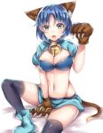  1girl animal_ears black_legwear blue_boots blue_hair blush boots breasts cat_ears cat_paws cat_tail cleavage eyebrows_visible_through_hair furumiya_neko green_eyes highres large_breasts looking_at_viewer navel open_mouth paws solo tail teeth thigh-highs waguruma! 