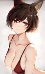  1girl :3 animal_ears bra breasts bright_pupils brown_eyes brown_hair cleavage closed_mouth collarbone commentary_request grey_background highres large_breasts looking_away original oyu_(sijimisizimi) short_hair simple_background smile solo strap_gap underwear 