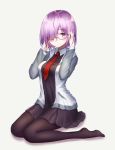  1girl black_legwear black_skirt blush breasts closed_mouth eyebrows_visible_through_hair fate/grand_order fate_(series) glasses hair_over_one_eye highres large_breasts looking_at_viewer necktie pantyhose purple_hair red_necktie seungju_lee shielder_(fate/grand_order) short_hair sitting skirt smile solo violet_eyes wariza 