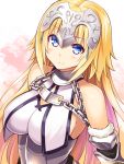  1girl bare_shoulders blonde_hair blue_eyes blush breasts closed_mouth eyebrows_visible_through_hair fate/grand_order fate_(series) headpiece hisenkaede large_breasts long_hair looking_at_viewer ruler_(fate/apocrypha) smile solo twitter_username upper_body 