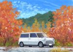  absurdres autumn_leaves blue_sky car clouds cloudy_sky day grass ground_vehicle highres hirota_(masasiv3) motor_vehicle mountain no_humans outdoors road scenery sky tree 